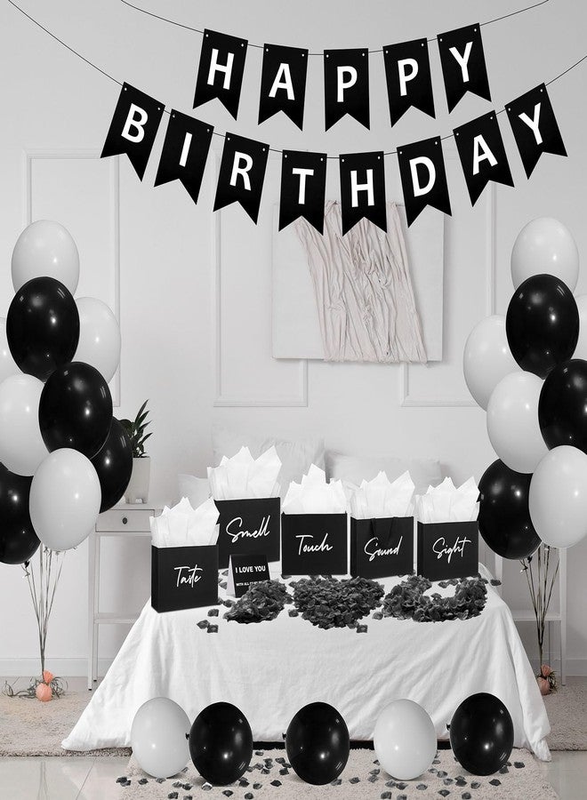 Soulchen 5 Senses Gift Bags for Him Her with Labels, Valentines Day Five Senses Gift Birthday Party Decoration Tissue Paper Handles, Comes with Rose Petals Banner Balloons for Party(Black White) - Image 3
